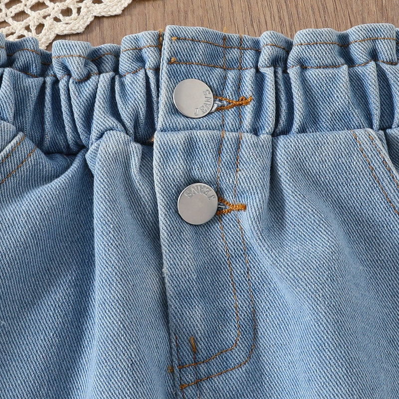 Girls Pink 3D Flower Applique Crop Top With Denim Skirts Set Sets