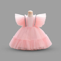 Girls Flying Sleeve Flared Party Dress Party Dresses Pink 1-2 Y 
