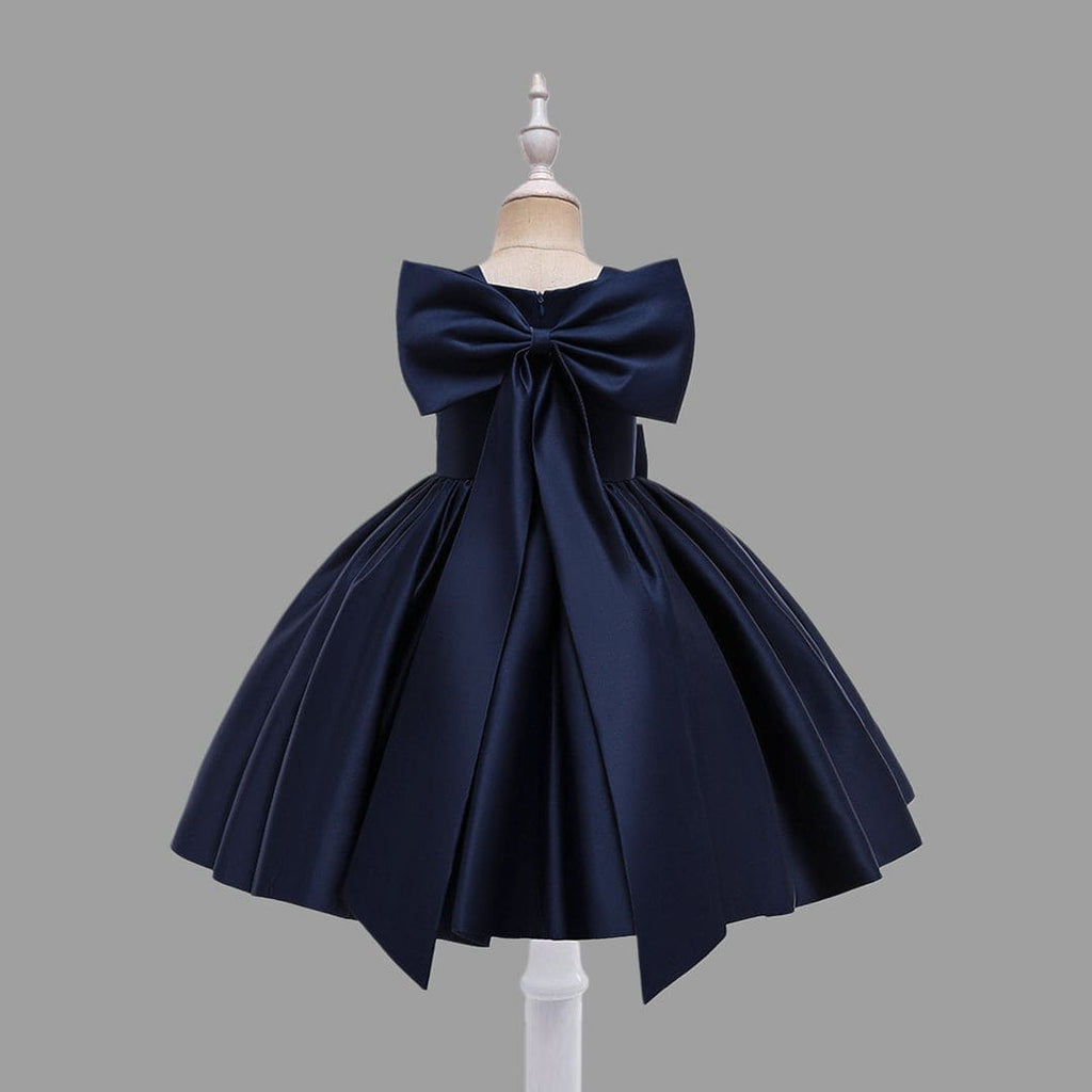 Girls Navy Blue Bow Applique Party Wear Dress