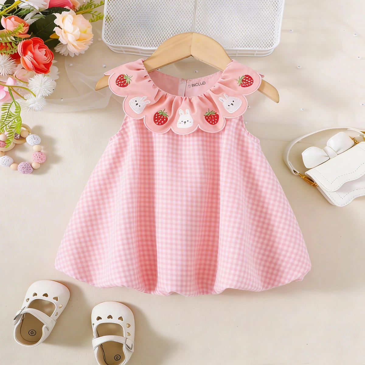 Girls Pink Checked Embroidered Ruffle Collar Sleeveless A-line Dress Casual Dresses Pink 1-2 Y