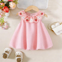 Girls Pink Checked Embroidered Ruffle Collar Sleeveless A-line Dress Casual Dresses Pink 1-2 Y