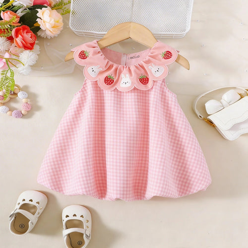 Girls Pink Checked Embroidered Ruffle Collar Sleeveless A-line Dress Casual Dresses Pink 1-2 Y