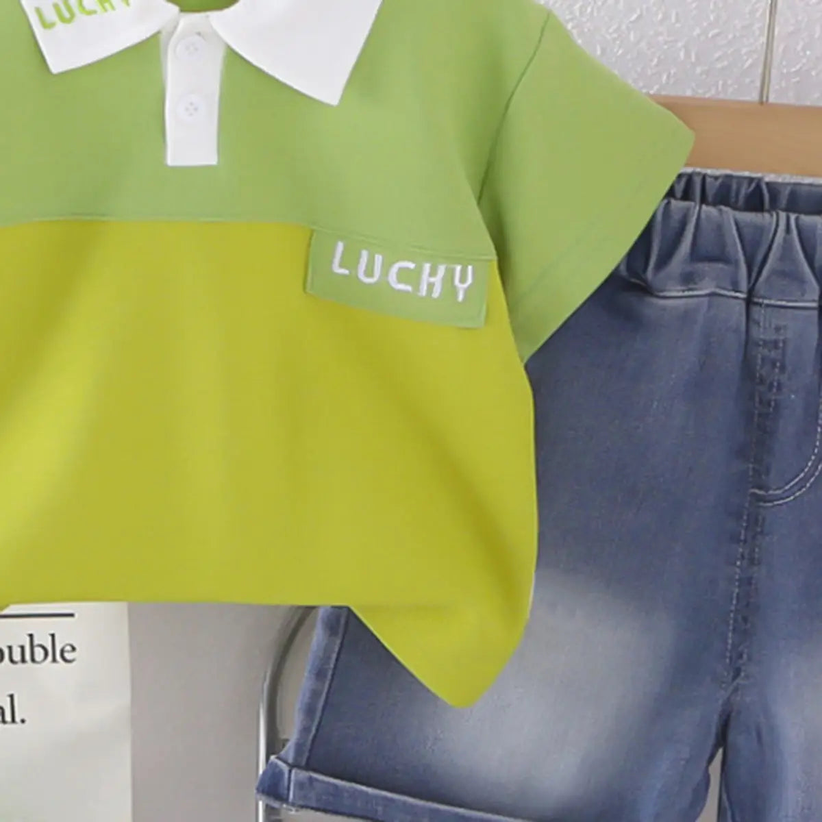Boys Green Typographic Printed Polo T-Shirt With Denim Shorts Sets 2 pc. Sets