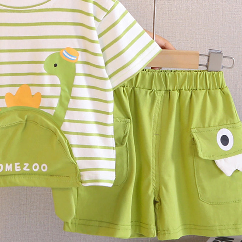 Boys Green Dinosaur Striped T-Shirt With Shorts Sets 2 pc. Sets