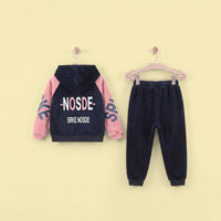 Girls Navy Blue Typographic Printed Hooded Zipper Jacket With Jogger Sets Sets
