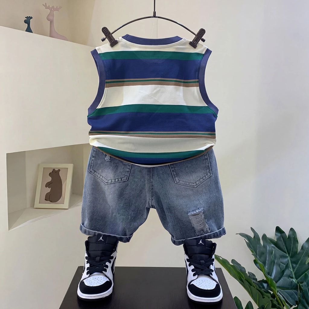 Boys Blue Striped T-Shirt With Denim Shorts Sets 2 pc. Sets
