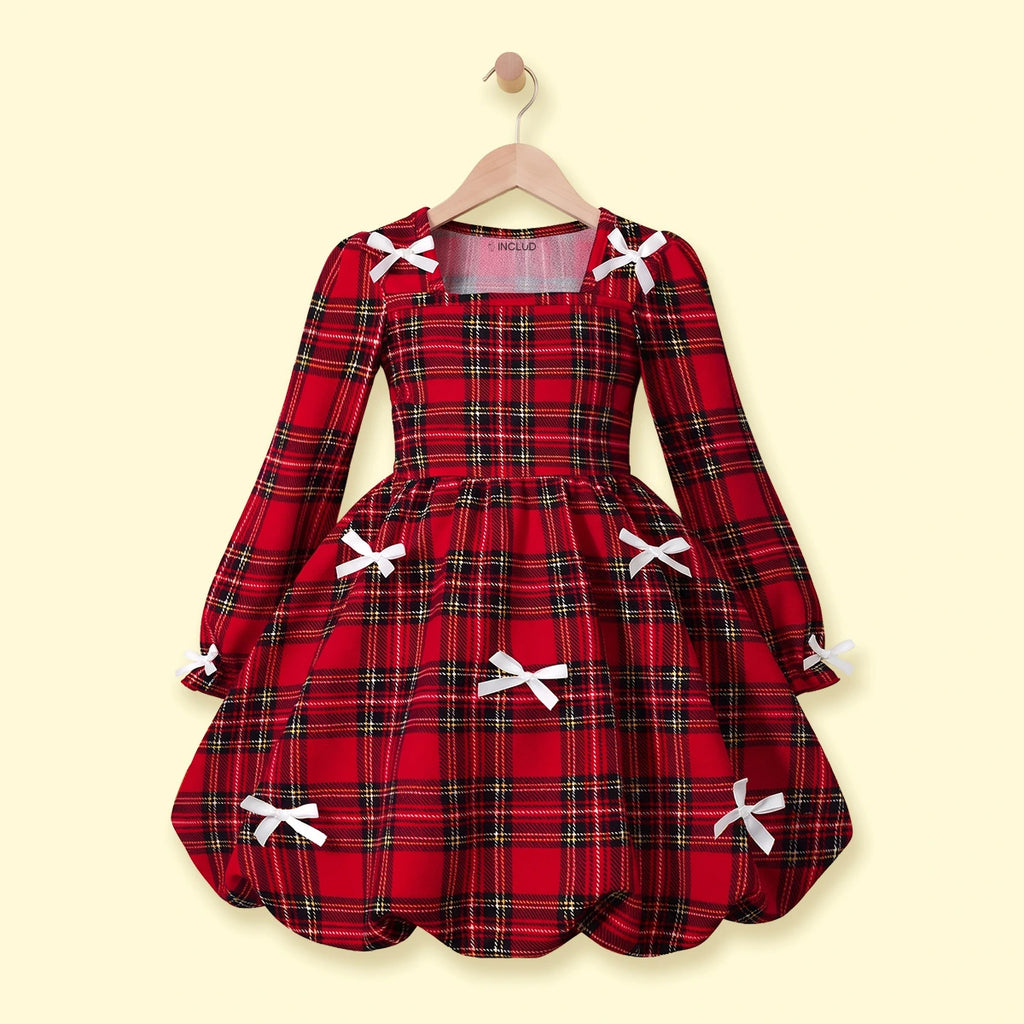 Girls Red Checked Long Sleeve Balloon Dress Casual Dresses Red 3-4 Y