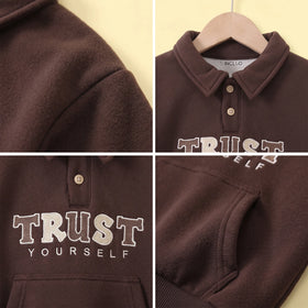 Boys Brown Typographic Polo Sweatshirt & Jogger Sets Sets