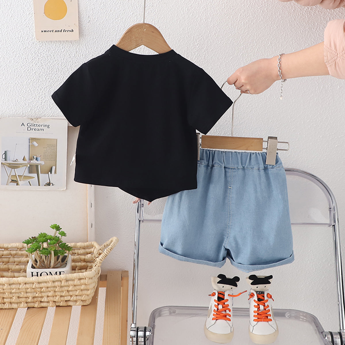 Girls Black Rabbit Appliqued T-Shirt With Denim Shorts Set 2 pc. Sets