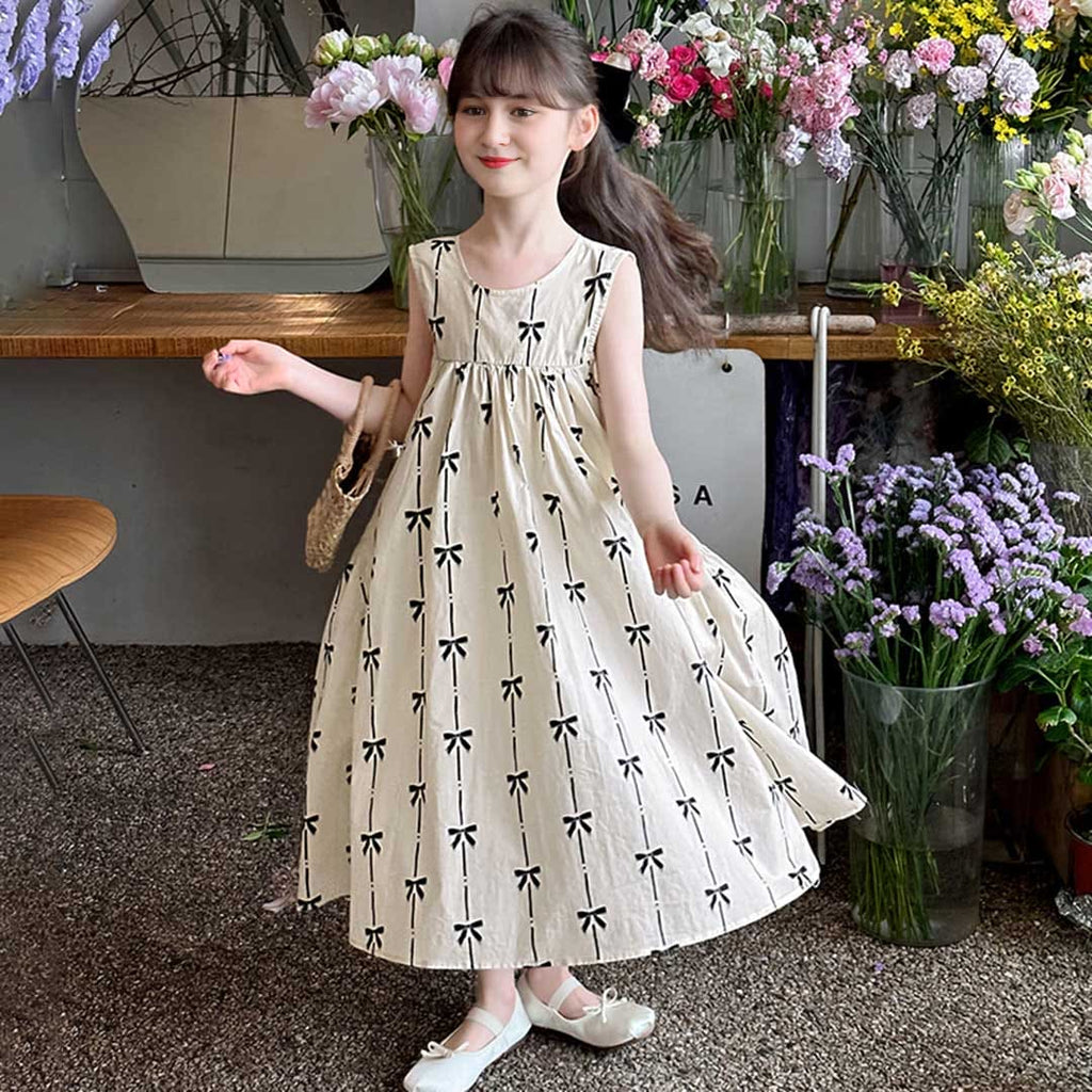 Girls Bow Printed Fit & Flare Dress