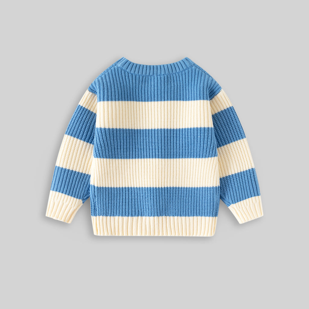 Boys Blue Regular Sweater With Self-Design Stripe Patterns Sweaters & Cardigans