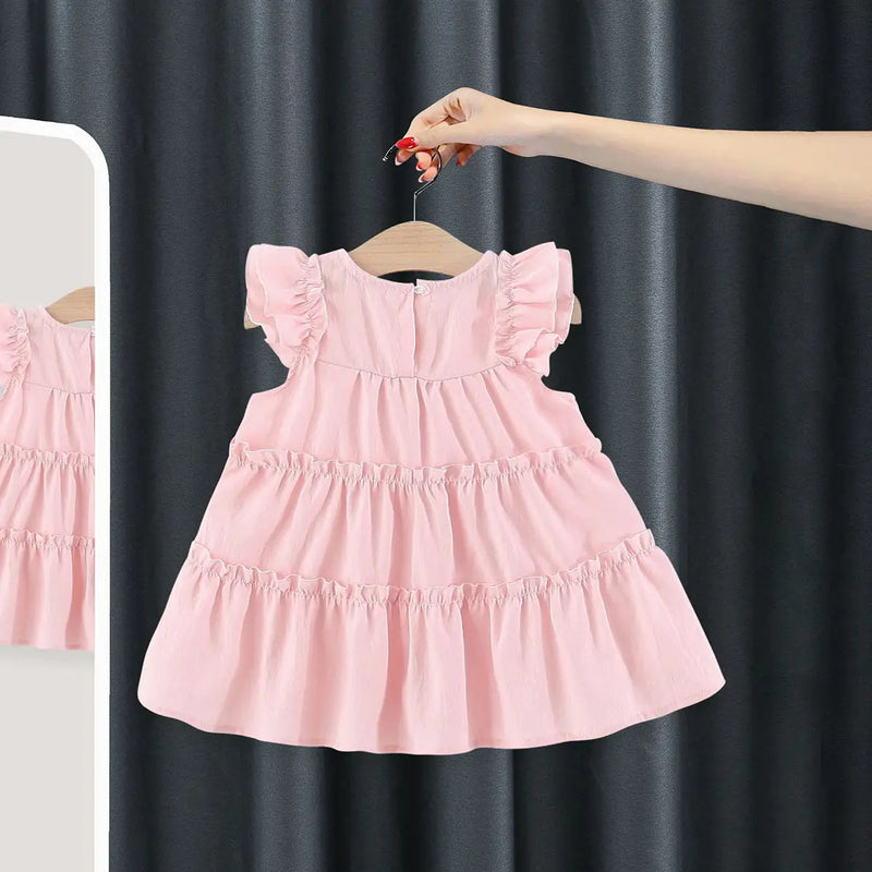 Girls Light Pink Mushroom Applique Short Sleeve Tiered Dress Casual Dresses
