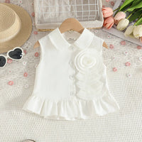 Girls White 3D Flower Applique Sleeveless Top With Flared Denim Pants Set Sets