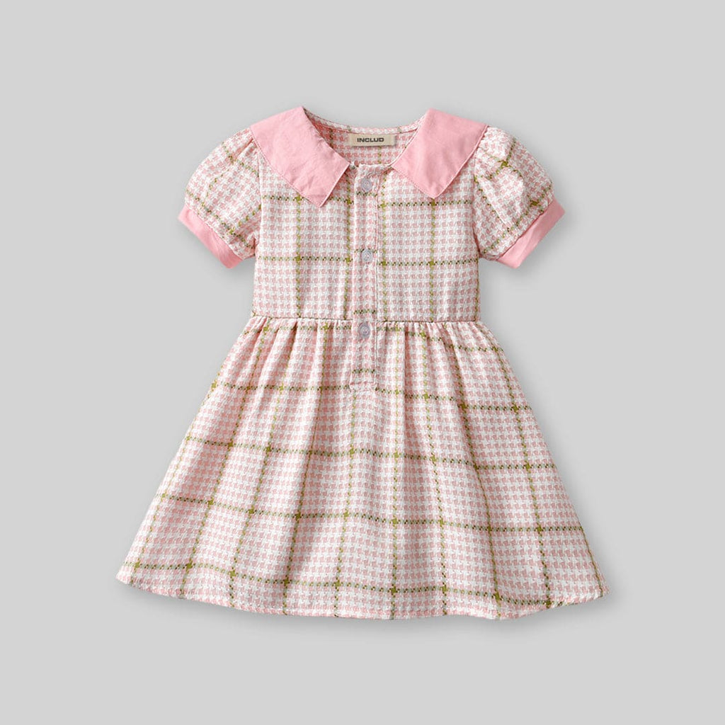 Girls Retro Checkered Puff Sleeves Dress Casual Dresses Pink 1-2 Y 