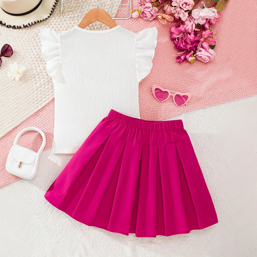 Girls White Textured Flutter Sleeve Top With Pleated Skirt Sets Sets