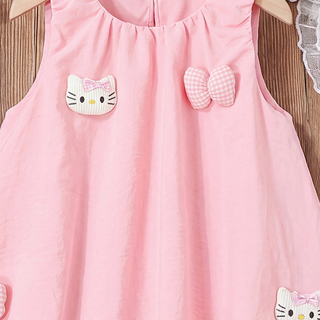 Girls Light Pink Kitty Applique Sleeveless Balloon Dress Casual Dresses