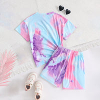 Girls Sky Blue Tie & Dye Printed T-Shirt With Shorts Set 2 pc. Sets