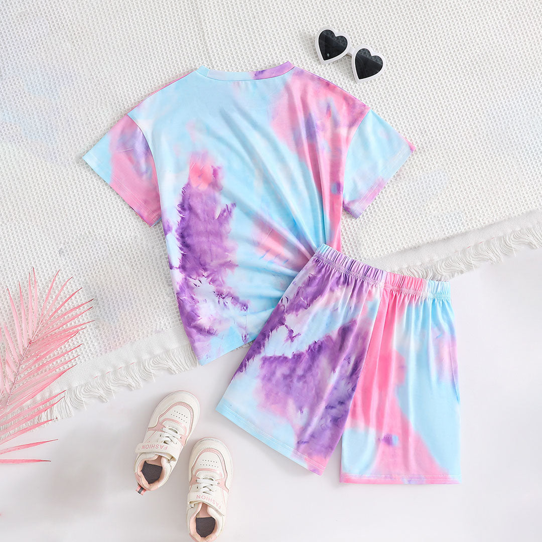 Girls Sky Blue Tie & Dye Printed T-Shirt With Shorts Set 2 pc. Sets