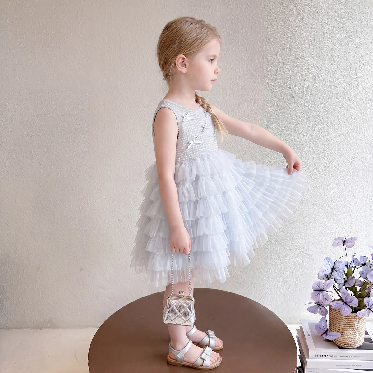 Girls Light Blue Bow Applique Sleeveless Tiered Dress Casual Dresses