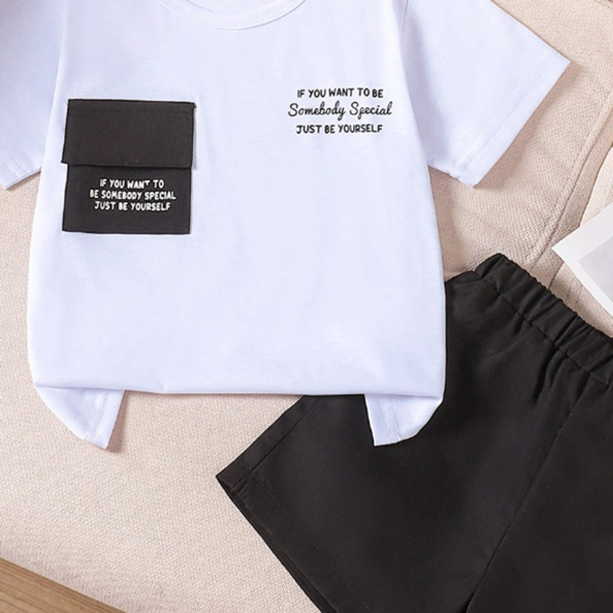 Boys White Typographic Printed Contrast Patch Pocket T-Shirt With Shorts Set 2 pc. Sets