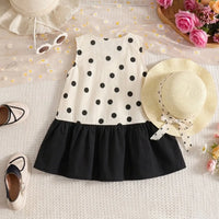 Girls Black Polka Dot Print Sleeveless Dress With Straw Sun Hat Casual Dresses
