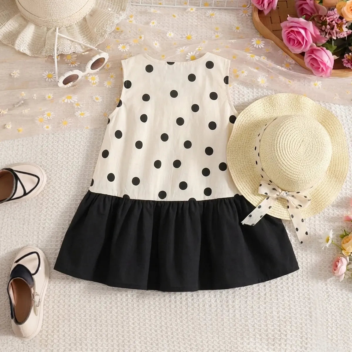 Girls Black Polka Dot Print Sleeveless Dress With Straw Sun Hat Casual Dresses