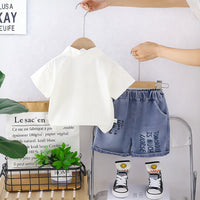 Boys Off White Graphics Polo T-Shirt With Printed Denim Shorts Set Sets