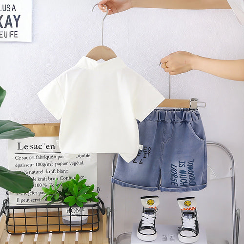 Boys Off White Graphics Polo T-Shirt With Printed Denim Shorts Set Sets