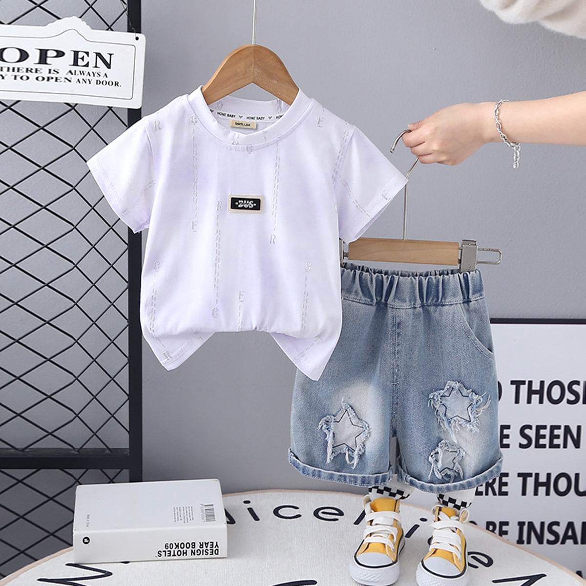 Boys Short Sleeve Printed T-Shirt With Blue Denim Shorts Set 2 pc. Sets Blue 1-2 Y
