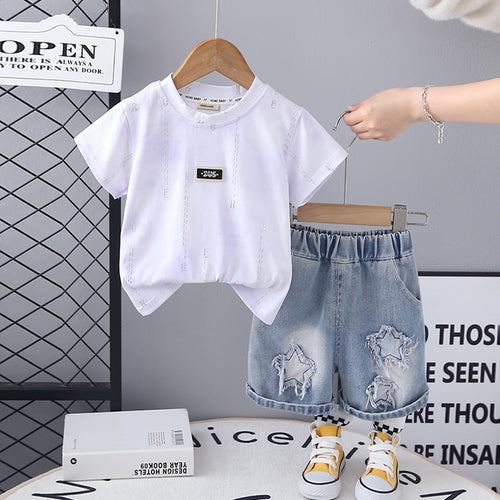 Boys Short Sleeve Printed T-Shirt With Blue Denim Shorts Set 2 pc. Sets Blue 1-2 Y