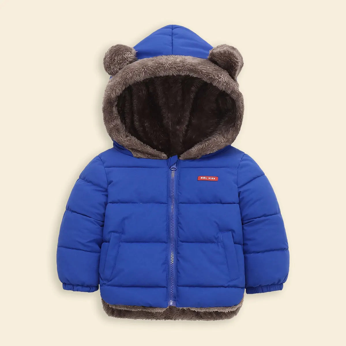 Boys Royal Blue Zip-up Puffer Jacket With Bear Ear On Hood Coats & Jackets
