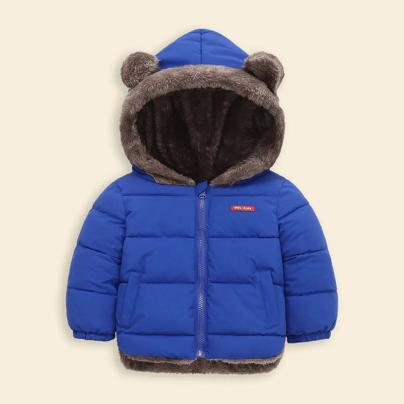 Boys Royal Blue Zip-up Puffer Jacket With Bear Ear On Hood Coats & Jackets