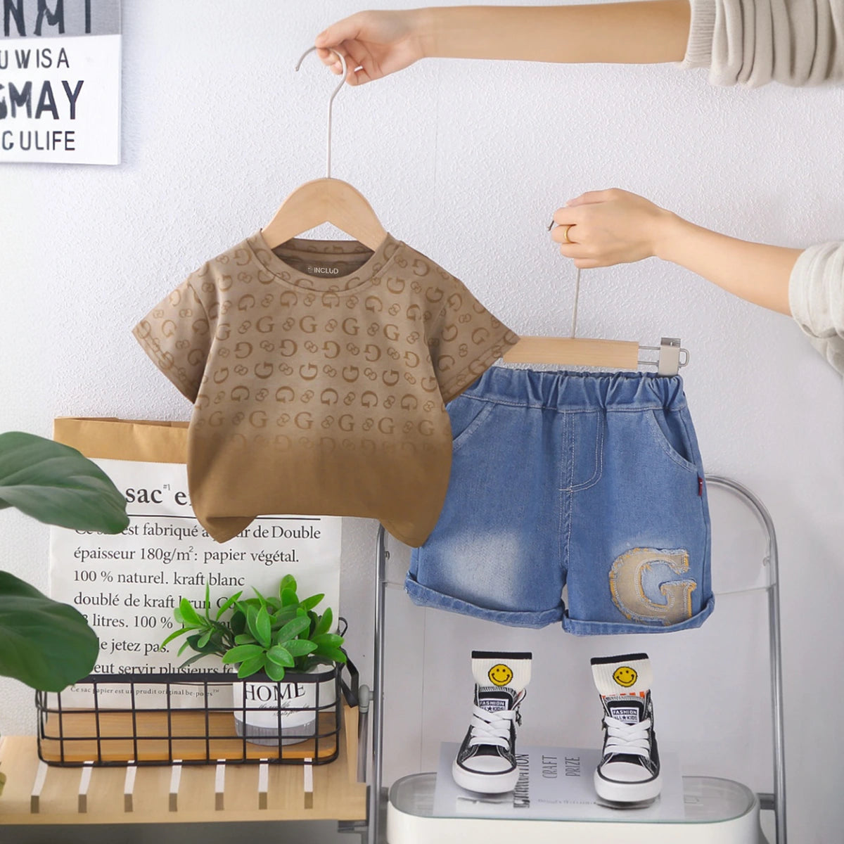 Boys Light Brown Letter G Printed T-Shirt With Denim Shorts Set Sets Light Brown 1-2 Y