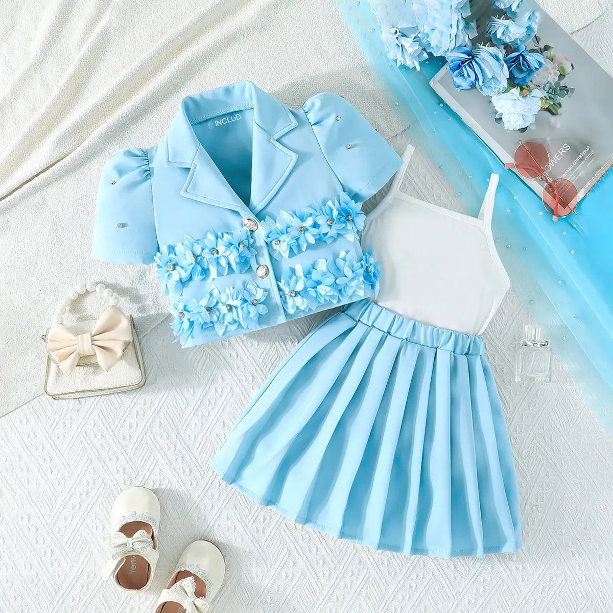 Girls Blue Floral Applique Top With Camisole Top And Pleated Skirts Sets 3 pc. Sets Blue 2-3 Y