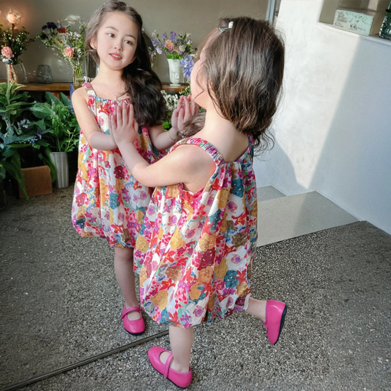 Girls Multicolor Floral Print Sleeveless Balloon Dress Casual Dresses