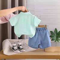 Boys Green Checked Button-Down Shirt With Denim Shorts Set Sets