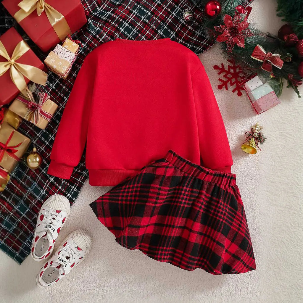 Girls Red Typographic Printed Sweatshirt With Diagonal Checked Skirt Sets 2 pc. Sets