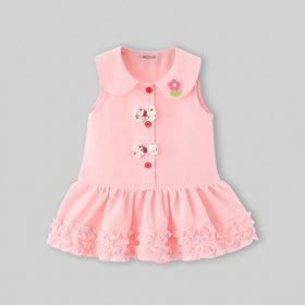 Girls Pink Peter Pan Collar Drop-Waist Dress With Bow Details Casual Dresses