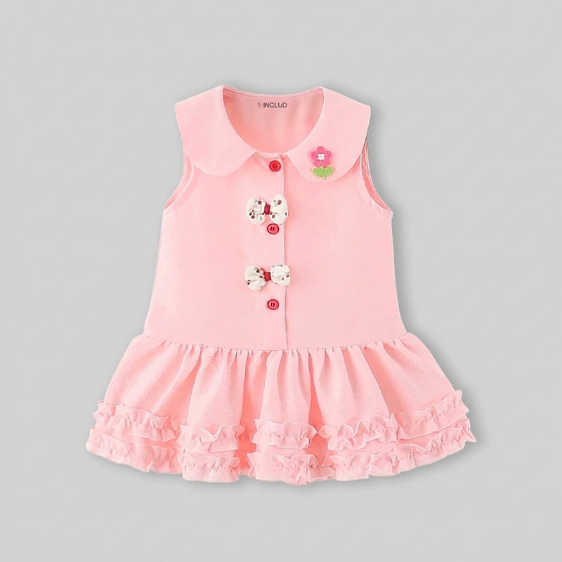 Girls Pink Peter Pan Collar Drop-Waist Dress With Bow Details Casual Dresses