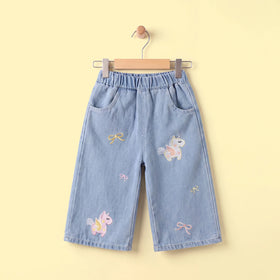 Girls Light Blue Unicorn Embroidered Denim Jeans Pants Light Blue 1-2 Y