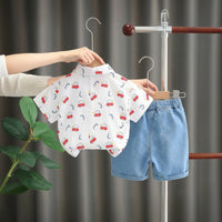 Boys Red Car Printed Short Sleeve Shirt With Denim Shorts Sets 2 pc. Sets