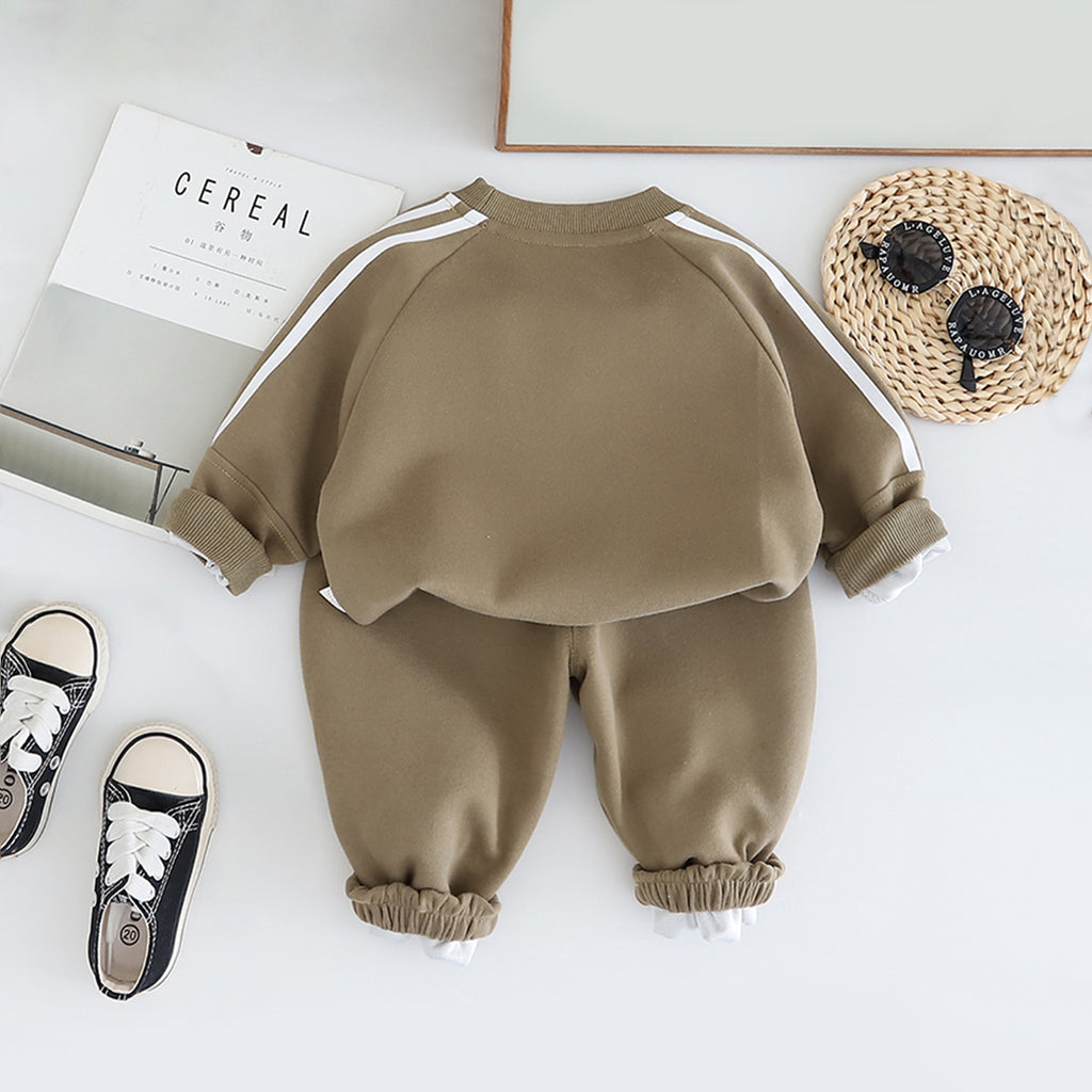 Boys Light Brown Three Stripes Printed Winter Sweatshirt With Pants Set 2 pc. Sets