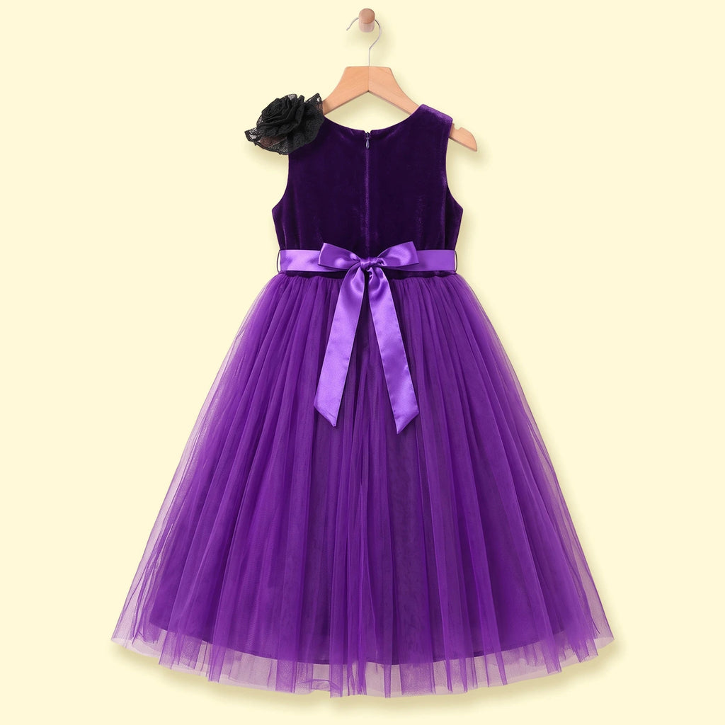 Girls Purple Sleeveless Floral Applique Fit & Flare Party Gown Party Dresses