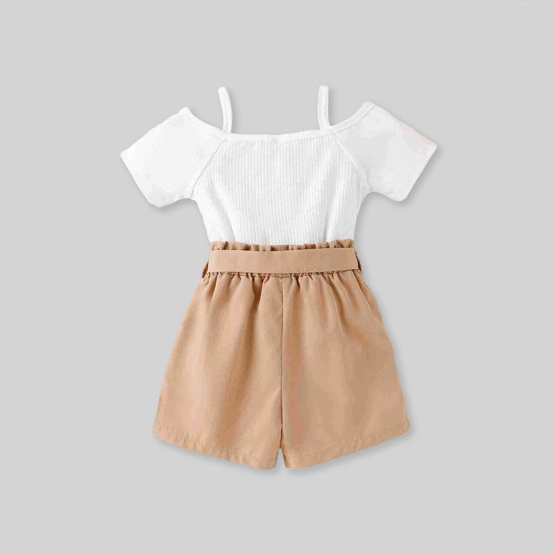 Girls Short Sleeve Top With Self Fabric Belt Shorts 2 pc. Sets   