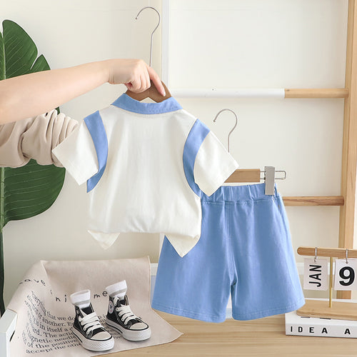 Boys Blue Teddy Patch Polo T-shirt With Shorts Set Sets