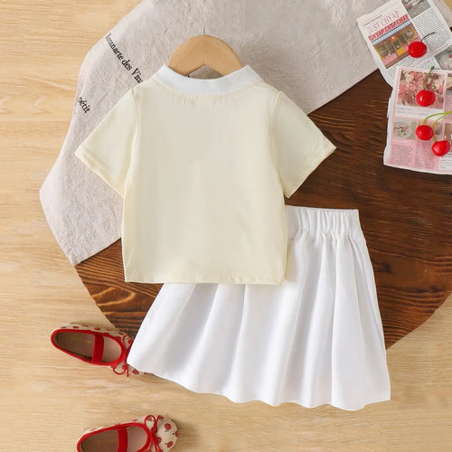 Girls Cream Cherry Embroidered Polo Top With Skirt Sets 2 pc. Sets