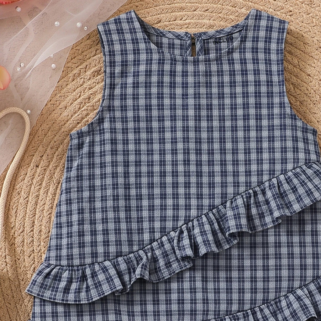 Girls Navy Blue Checked Sleeveless A-line Dress Casual Dresses