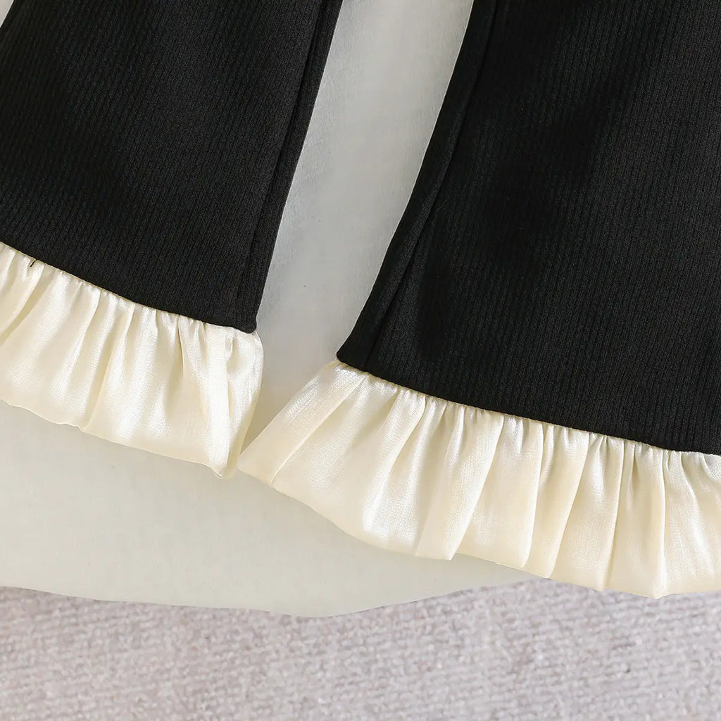 Girls Black Sleeveless Bow Applique Frill Top With Ribbed Pants Sets 2 pc. Sets