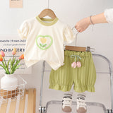 Girls Flower Printed Puff Sleeves Top With Green Shorts Set
