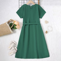 Girls Green Short Sleeves Lace V-Neck Dress Casual Dresses